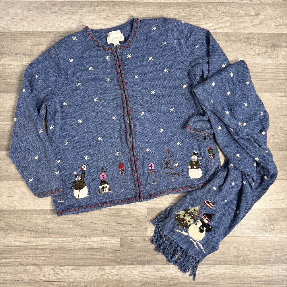 Vintage Snowman Knit Cardigan 1X Blue Winter Sweater with Matching Scarf Novelty - Picture 1 of 8
